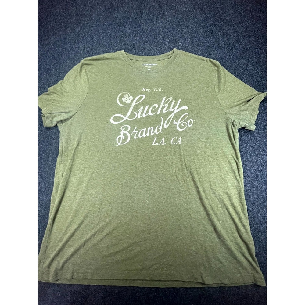Lucky Brand T-Shirt Mens 2XL Green Graphic Logo Short Sleeve Crew Neck Casual